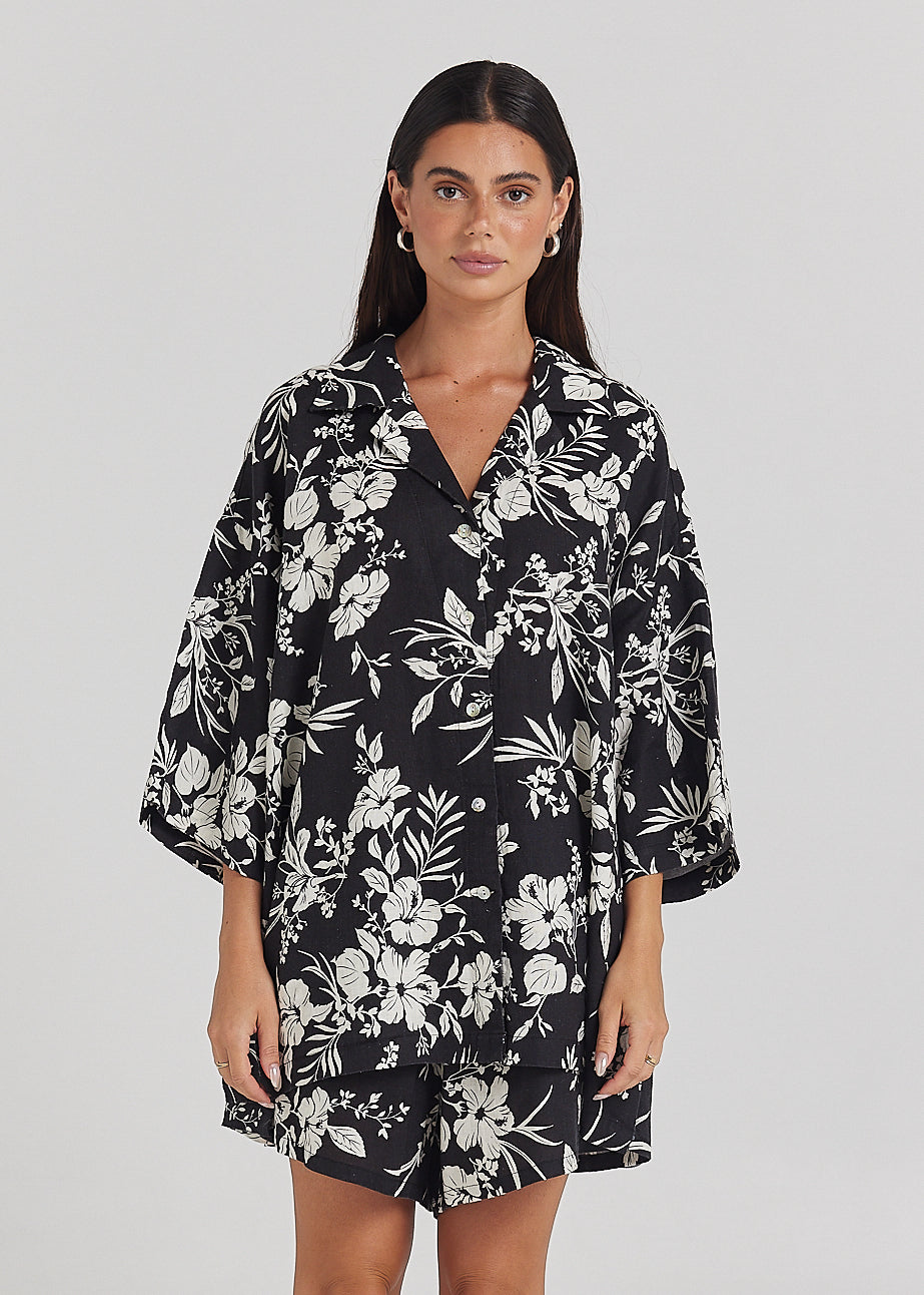 Aloha 100% Linen Over Shirt - Black