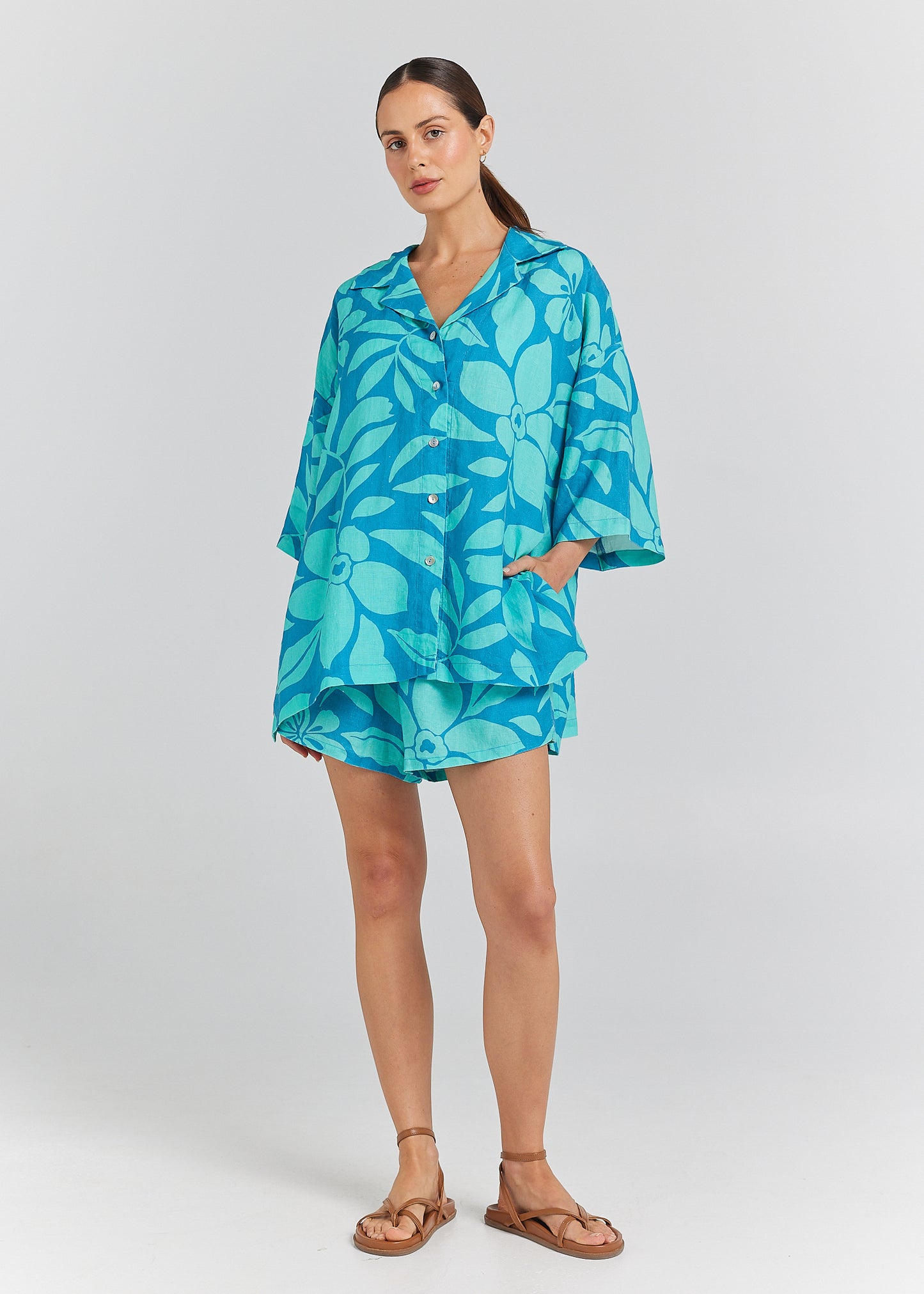 Baja 100% Linen Over Shirt - Ocean