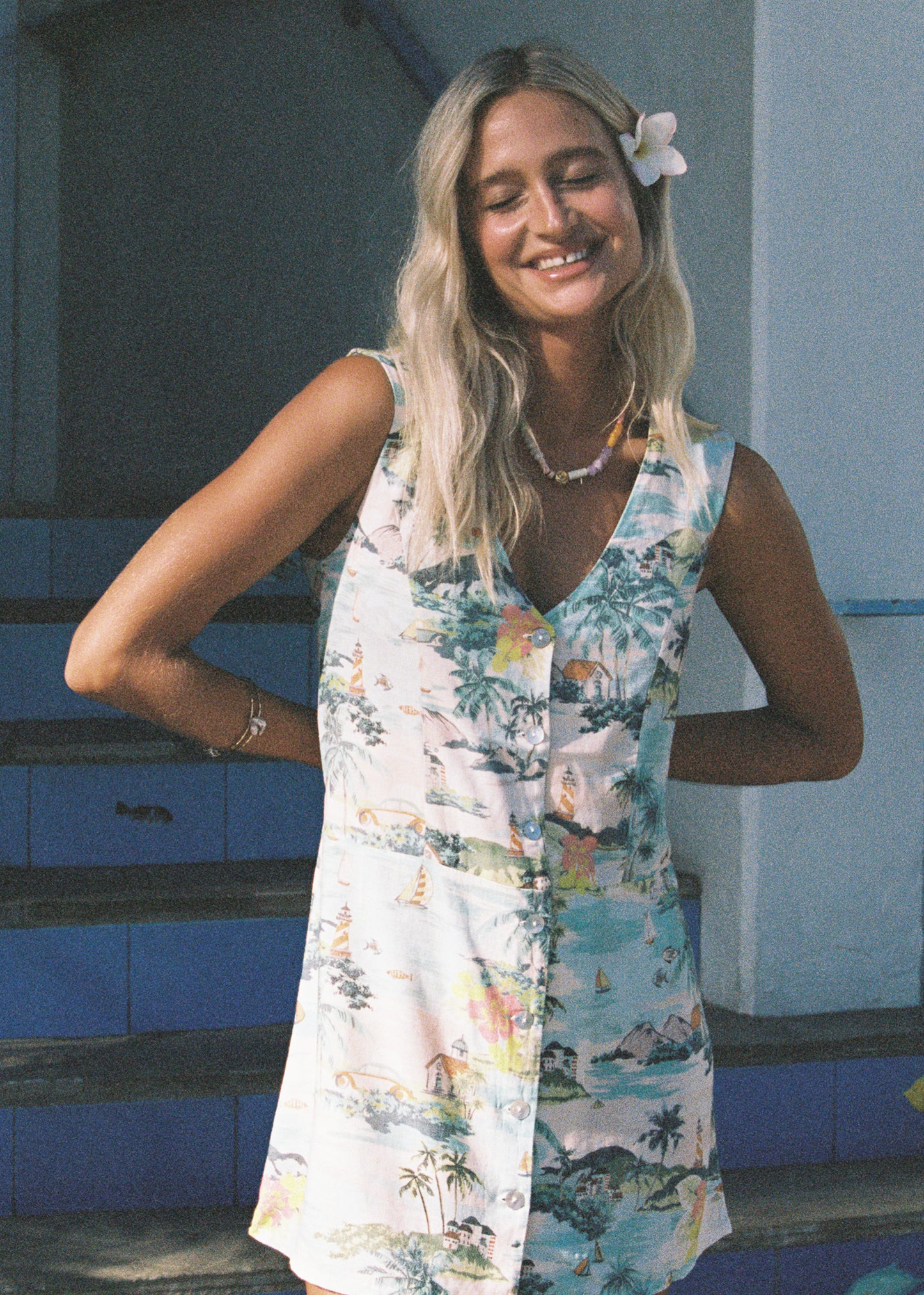 Holiday V Button Up Dress - Sea