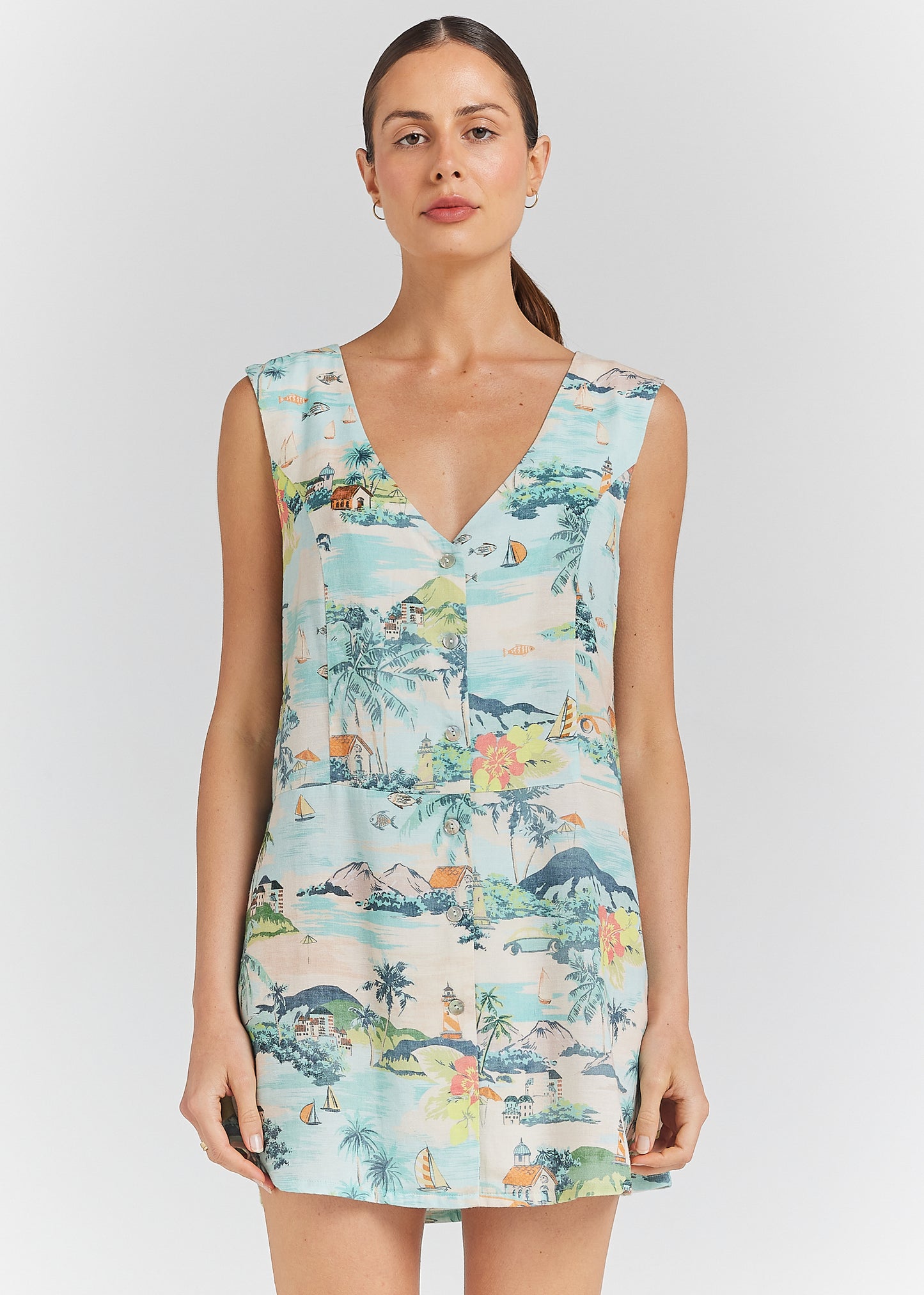 Holiday V Button Up Dress - Sea