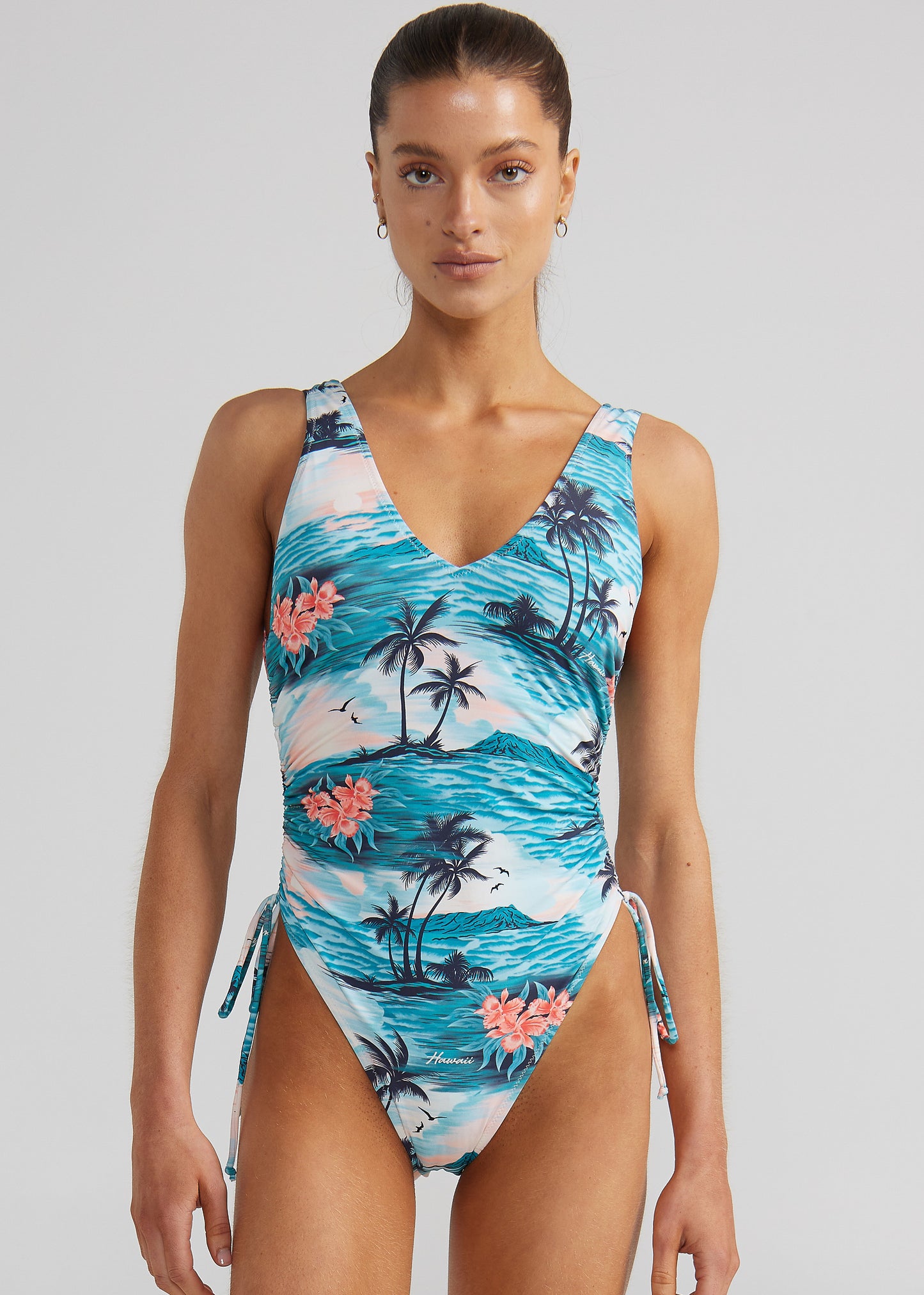 Aloha Palms Deep V Tie Side One Piece - Ocean