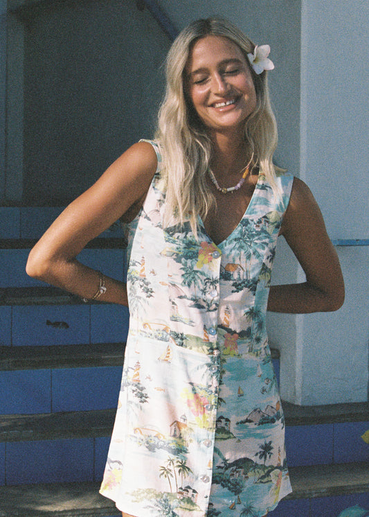 Holiday V Button Up Dress - Sea