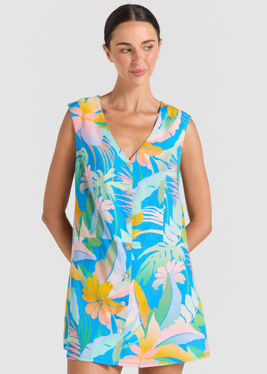 Lahaina V Button Up Dress - Ocean