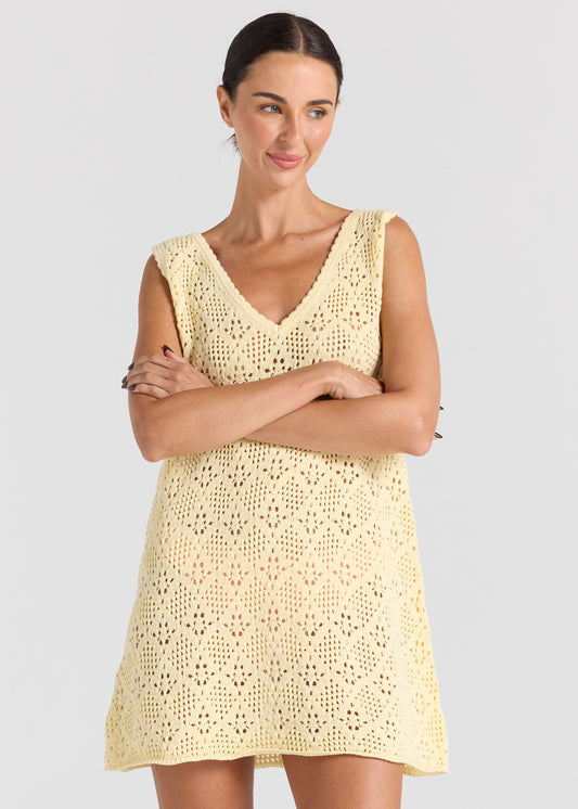 Messina V Crochet Knit Dress - Lemon