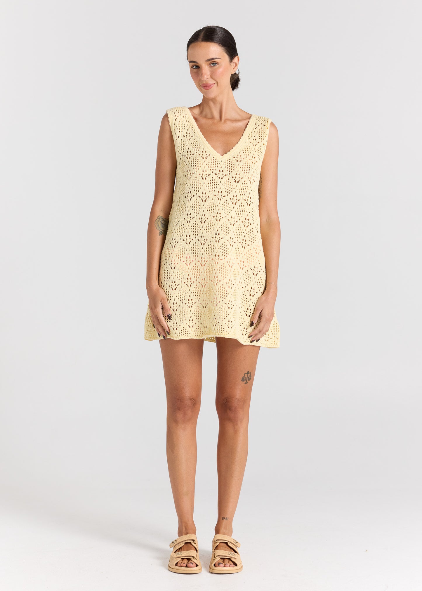 Messina V Crochet Knit Dress - Lemon