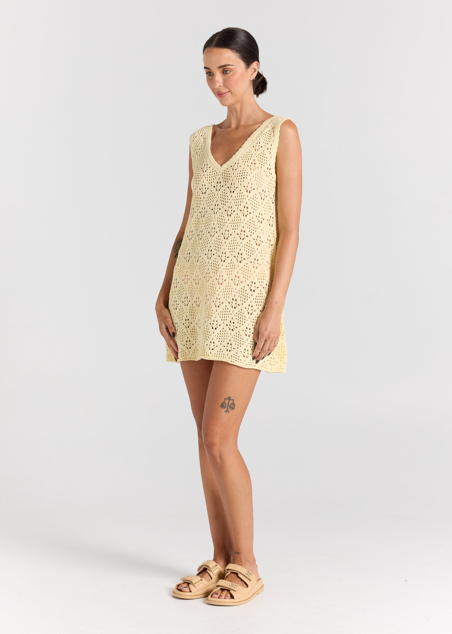 Messina V Crochet Knit Dress - Lemon
