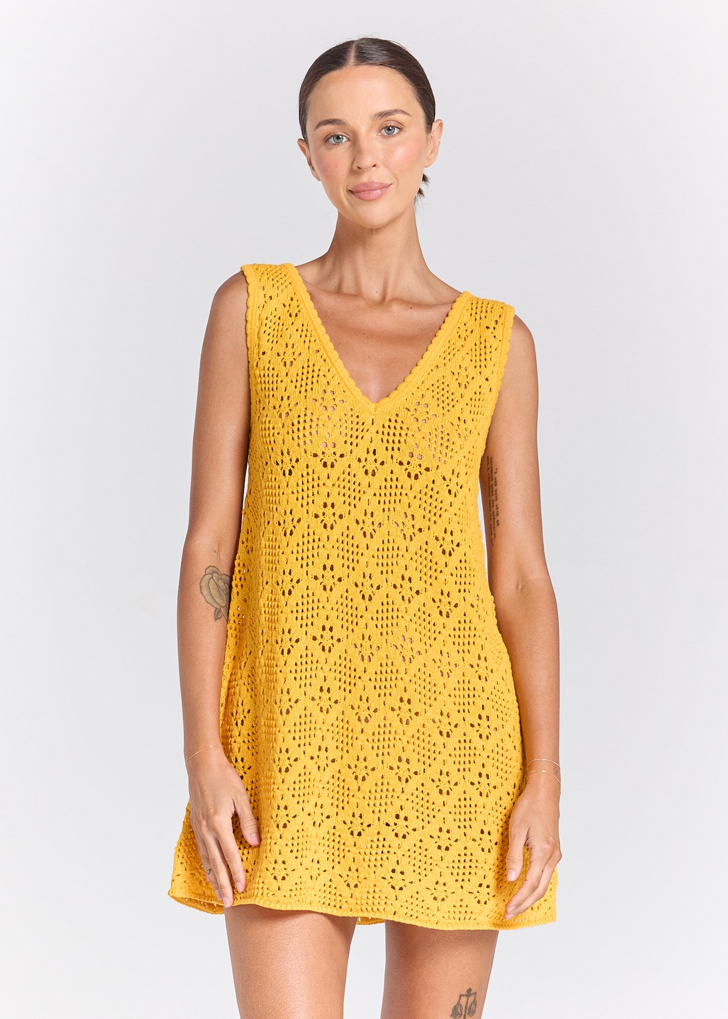 Messina V Crochet Knit Dress - Marigold