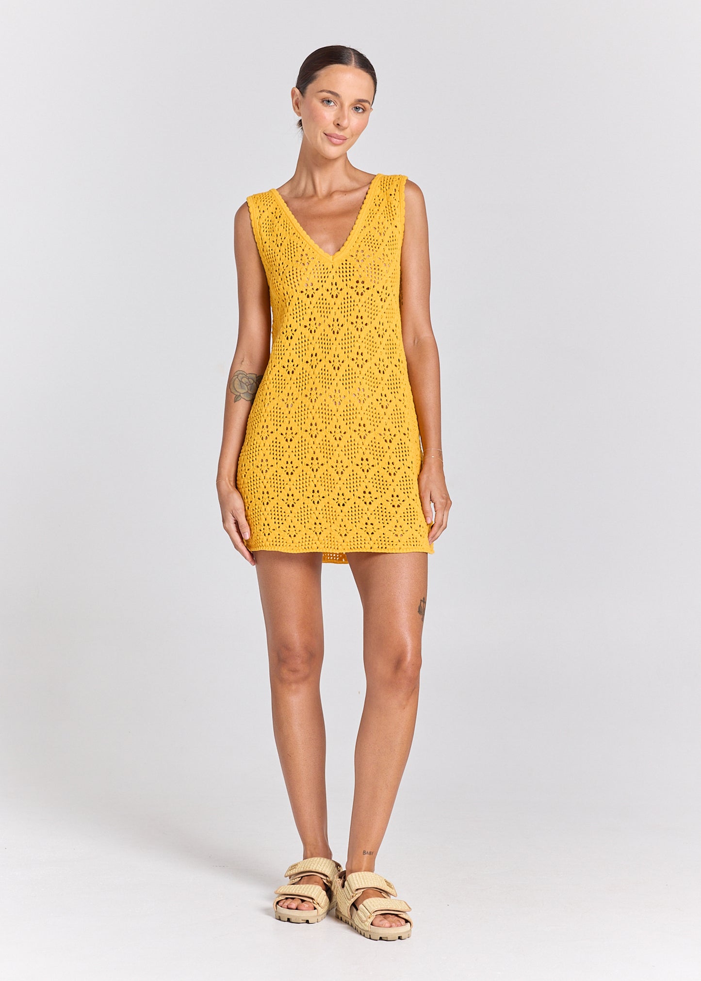 Messina V Crochet Knit Dress - Marigold