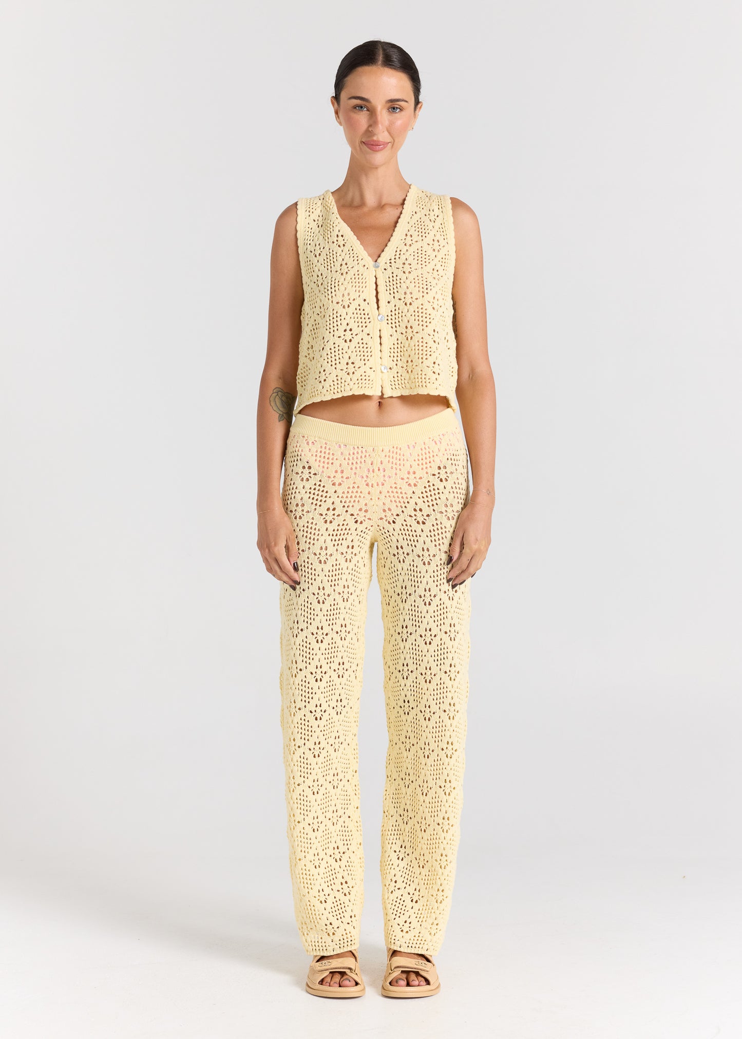 Messina Crochet V Knit Button Up Top - Lemon