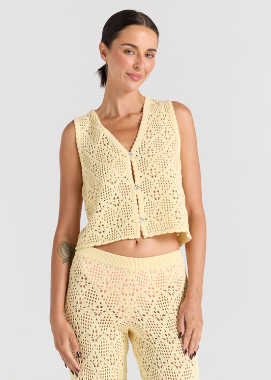 Messina Crochet V Knit Button Up Top - Lemon