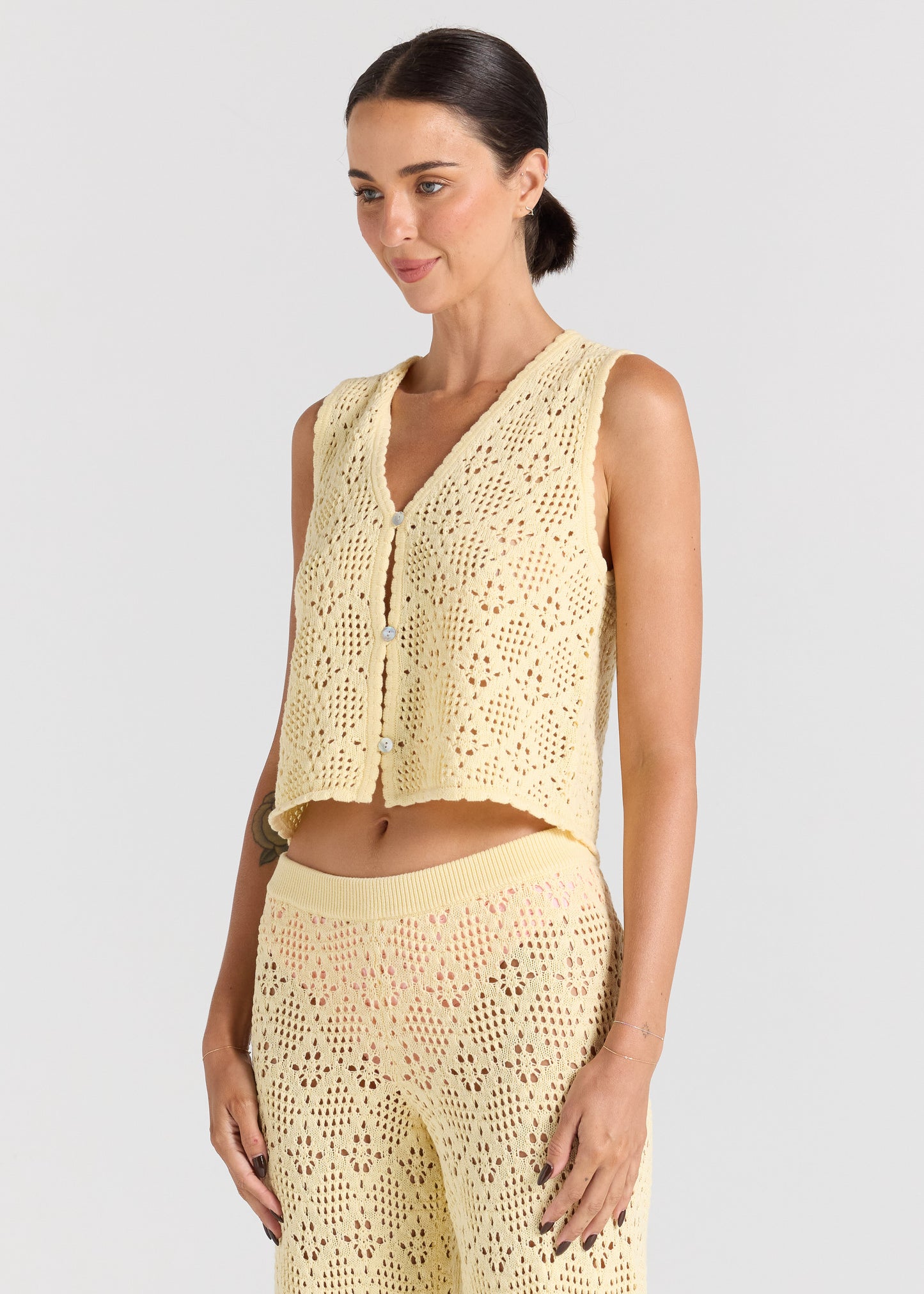 Messina Crochet V Knit Button Up Top - Lemon