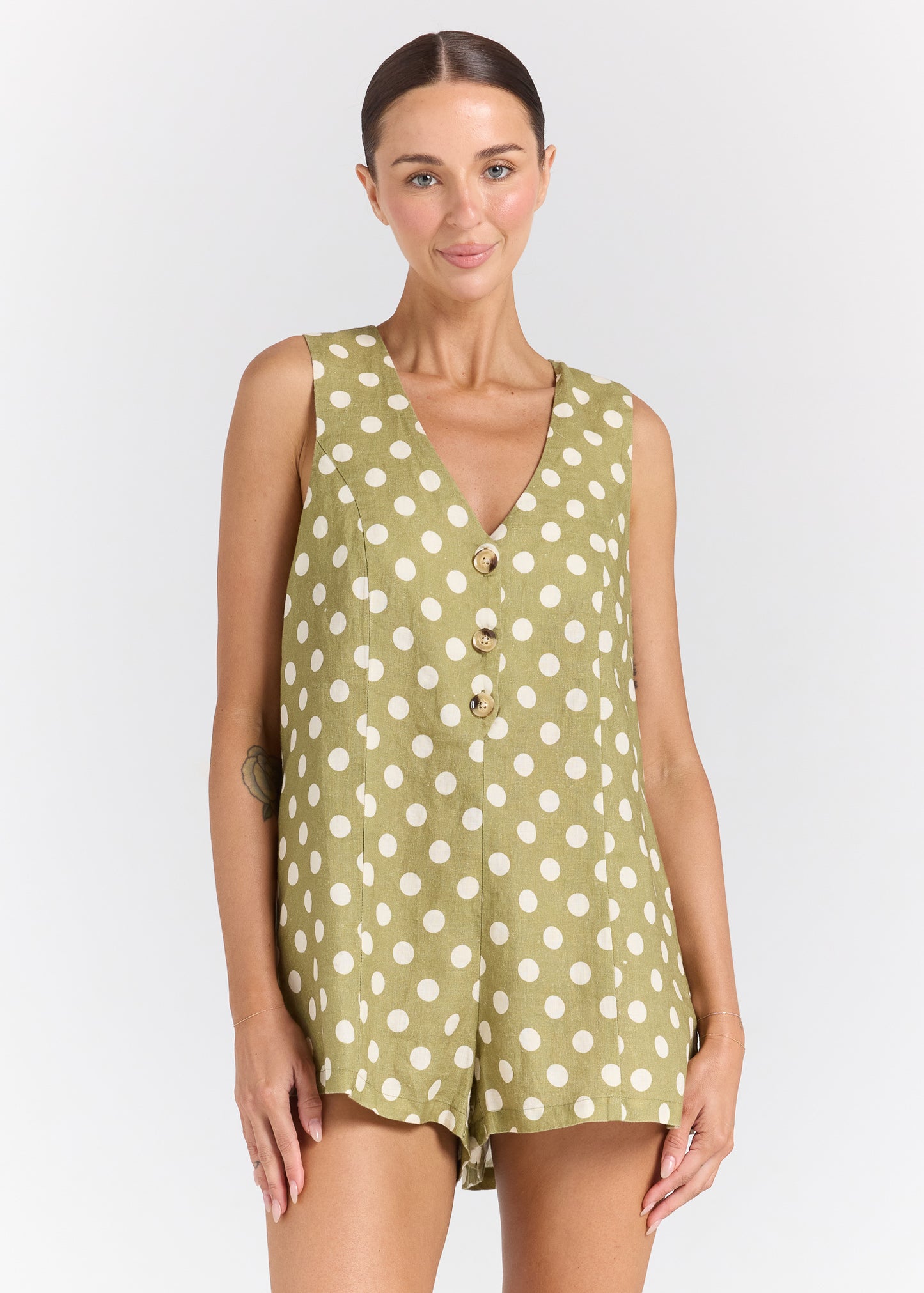 Seaside V Button Up Romper - Cedar