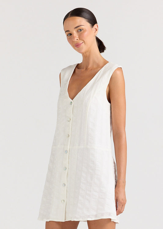 Summer V Button Up Dress - White